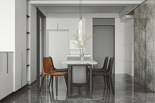 istock Modern minimalist dining room with luxury marble wall and ambient neon lighting 2253342736