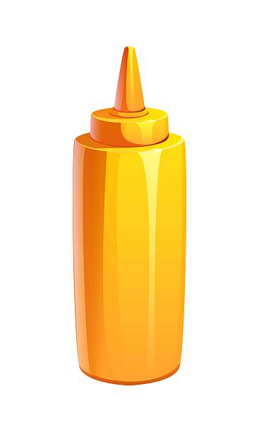 Cartoon fast food mustard sauce bottle, condiment packaging a cylindrical yellow bottle with narrow spout. Vector dijon, honey or American mustard for hot dogs, salad and barbecue