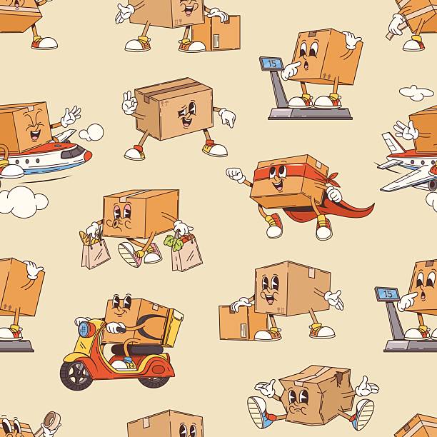 Groovy delivery cardboard box characters vector seamless pattern. Boxes carry grocery, ride a scooter, fly on planes, superhero with red cape, shopping, transporting goods, and checking weight
