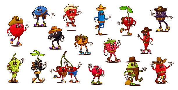 Cartoon groovy berry cowboy and sheriff characters, retro Western fruit food vector personages. Funny groovy strawberry, cherry, raspberry and cranberry fruits characters with Wild West hats and guns