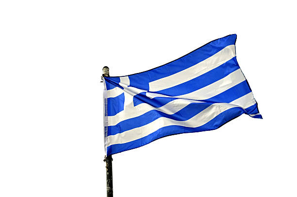 Greek flag waving on mast, isolated on white background. Patriotic and iconic symbol of Greece, perfect for commercial and editorial projects.