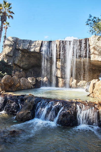 Man-made waterfall flowing into a lagoon with a clear blue sky and palm trees