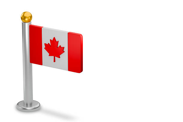 Canada national flag standing on a small pole over white background. 3d rendering