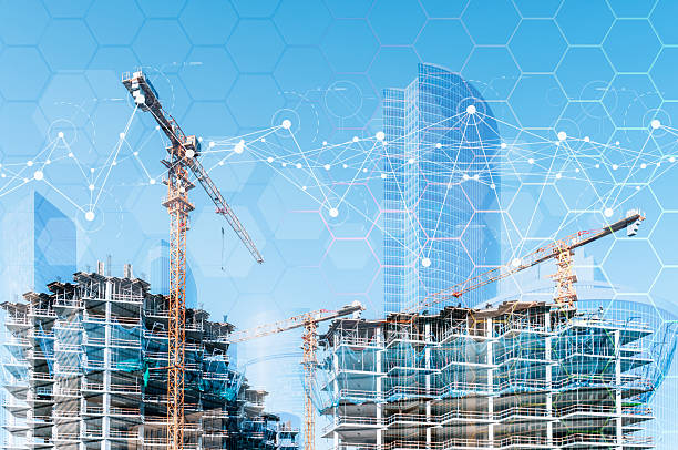 istock Construction technology banner background. Construction site with cranes, fittings and concrete. 2253356819