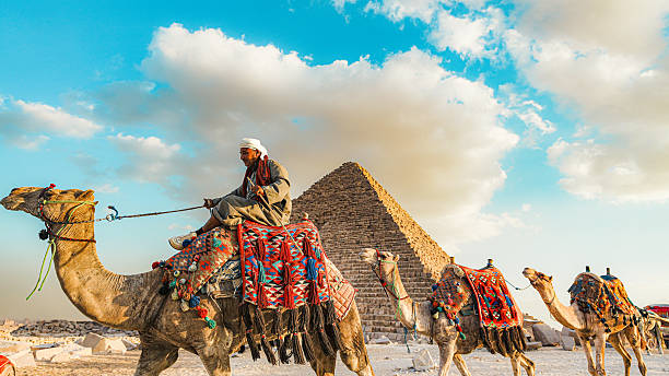 Giza, egypt - November 17th 2025 - Photo of a small grup Riding a camel in the desert of egypt on sunny day