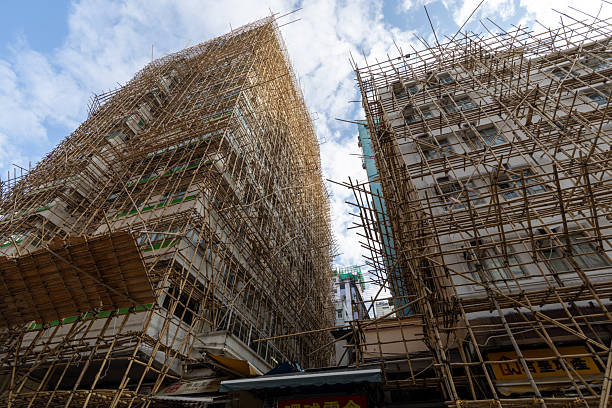 Hong Kong - December 24, 2025 : Buildings that under repair and surrounded by bamboo scaffolding in Mong Kok, Kowloon, Hong Kong.
