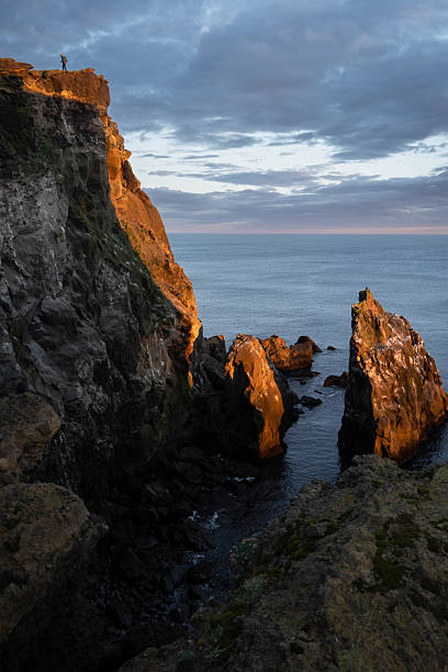 Man on a rocky coastline cliff during sunset, Reykjanesta, Iceland.