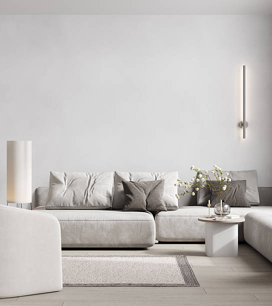 istock Classic pantone white interior with sofa, coffee tables and wall light. 3d illustration mockup. 2253366196
