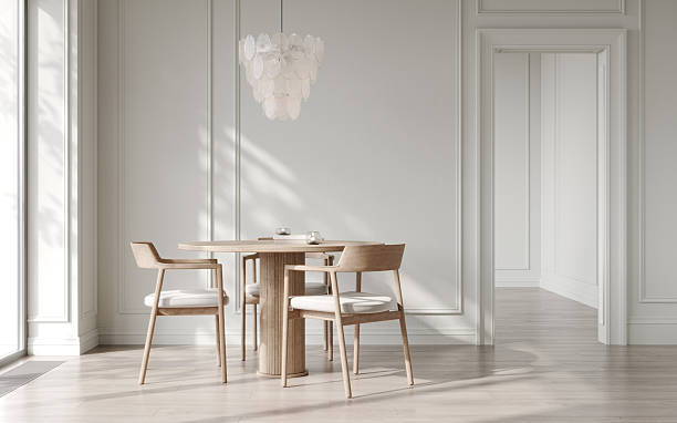 istock Empty clean white living room with dining furniture, pantone, 3d render 2253366207
