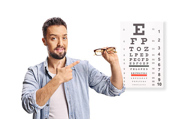 istock Happy man with an eye chart holding new eyeglasses 2253366541