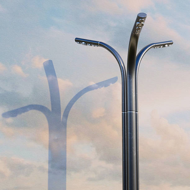 A surreal CGI composition showing a modern streetlamp seemingly projected onto a wall that resembles a soft cloudscape. The scene blurs the boundary between outdoor infrastructure and artificial imagery, suggesting a technologically mediated sky where light, surface, and atmosphere are digitally constructed rather than natural.