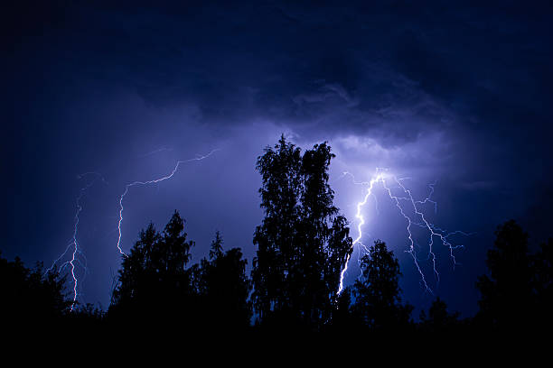 istock beautiful lightning during a thunderstorm at night in a forest that caused a fire, against a dark sky with rain 2253368285