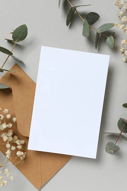 istock Greeting card mockup with eucalyptus branch. Empty greeting card for text design 2253369901
