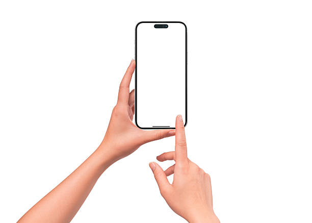 Hand using a modern smartphone with a blank screen, isolated on white background. High quality studio shot. Concept for technology, business, finance, advertising, public relations and lifestyle themes.