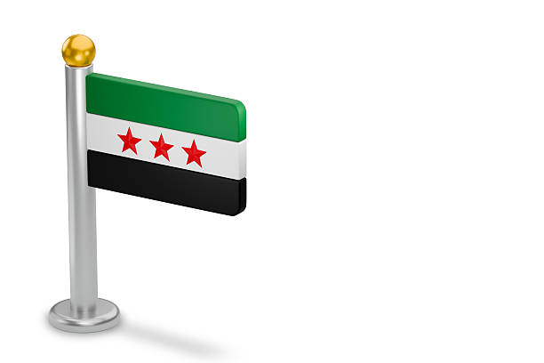 Syrian flag standing on a pole, showcasing national identity on a white background. 3d rendering