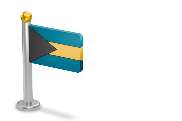 Bahamas national flag standing on a small metal flagpole, representing country pride and identity. 3d rendering