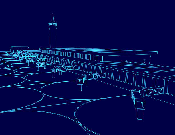 Architectural blueprint of a modern airport terminal, featuring a prominent control tower contour against a deep blue background.