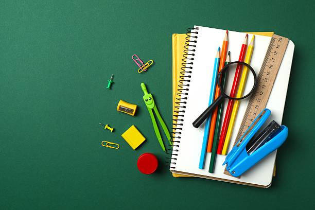 istock Flat lay with school stationery on color background, top view 2253376773