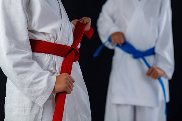 istock Two boys demonstrating karate hand positions and belt alignment on dark backdrop. Emphasizes structure, balance, and controlled martial arts form. 2253378177