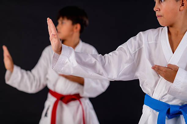 istock Two boys executing focused karate kata routine against black background. Shows disciplined control, aligned movements, and traditional martial arts form. 2253380553