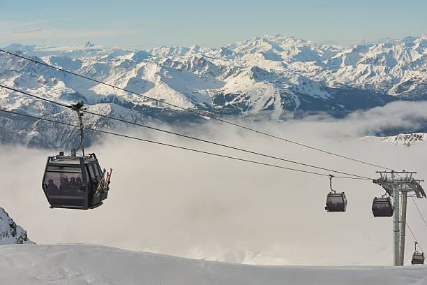 istock Cable car above clouds in snowy alpine mountains 2253383034