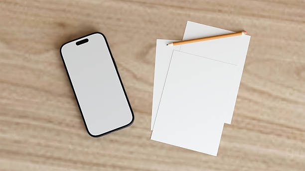 Top view smartphone with blank screen on light wood desk with white paper sheets and pencil 3D render