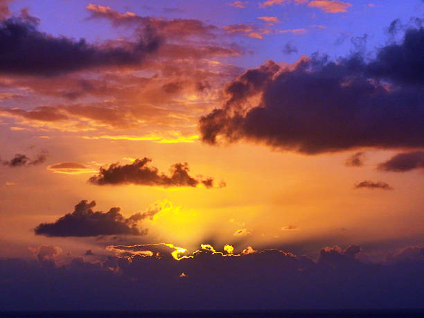 Sunrise in the Florida Keys with dramatic and colorful clouds create amazing stock drone photos over the Atlantic Ocean.