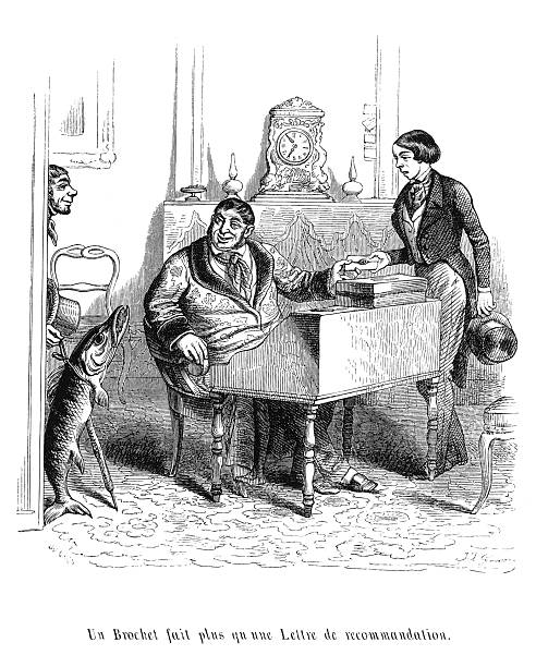 A man brings a pike on a leash as a bribe to an official while another presents a mere letter, with an amused observer in a lavish office, illustrating satire on corruption and influence, old vintage illustration, 1845.