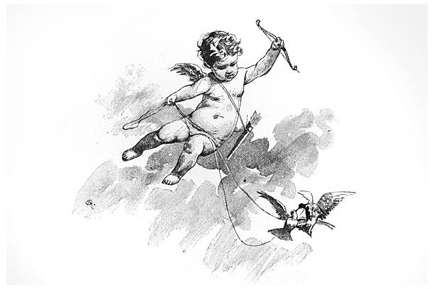 A winged cupid or cherub floats in the sky, holding a bow while guiding two birds on a string. The illustration is set against a backdrop of soft clouds.