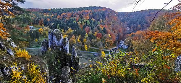 Autumn in Kraków-Częstochowa Upland, Prądnik valley. Rock formation called Five Fingers.