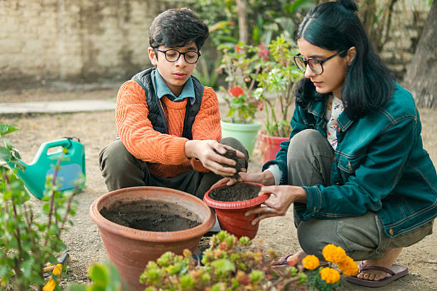 An Indian adolescent boy and his elder sister share a gardening activity outdoors, reinforcing their familial bond. The boy, wearing an orange sweater and glasses, prepares to drop dark soil into the small red pot gripped by the young woman. They are surrounded by various potted plants and succulents on the dry ground of their residential backyard.