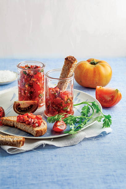 Fresh Tomato Bruschetta in Glass Jars with Bread