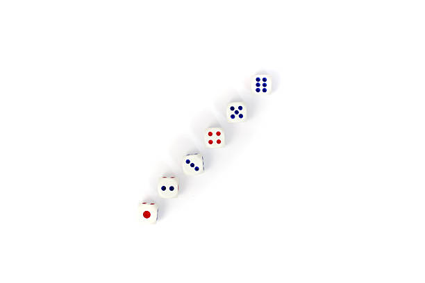 Six Dice Arranged Diagonally Against White Background Showing Blue and Red Dots with Unique Numbers