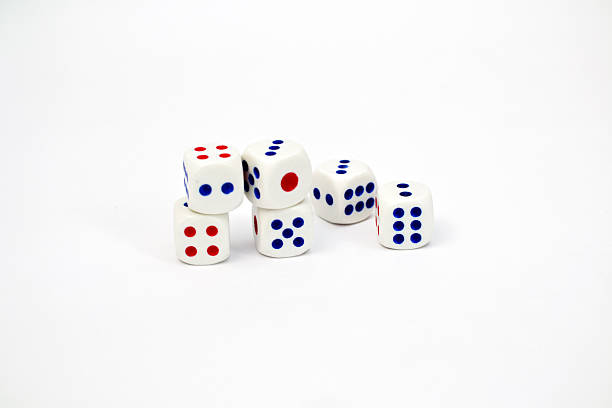 istock Six White Dice With Red And Blue Dots On A White Background 2253394300