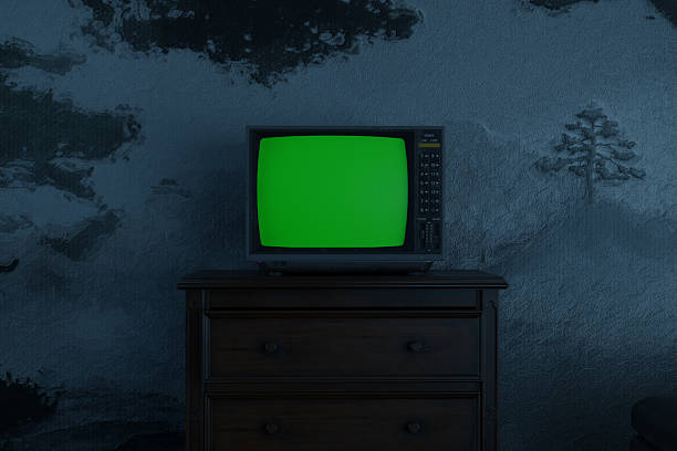 3d rendering of an old television with green screen in front of oil-painted mural