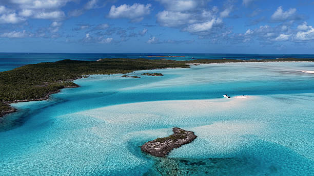 Exuma Skyline At Exuma In Black Point Bahamas. Caribbean Skyline. Beach Landscape. Shades Of Blue Watercolor. Exuma Skyline In Exuma In Black Point Bahamas. Nature Background.
