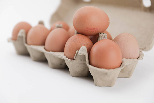 Fresh Brown Chicken Eggs Arranged In Recycled Cardboard Egg Carton On White Background, Showing Natural Food, Organic Farming, Protein Nutrition, And Minimalist Studio Composition.