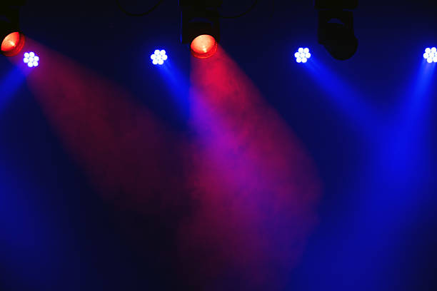 Red and blue spotlight reflectors placed over a stage in a nightclub