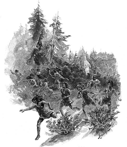 Antique illustration pre 1900 - Indigenous  people running away from a large ghost that is chasing them
