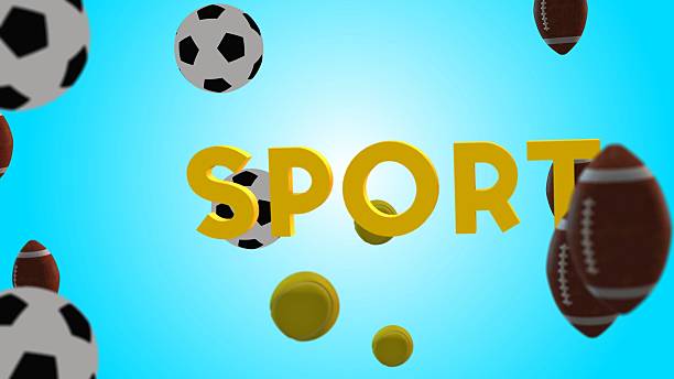 This energetic image captures the essence of sports with various balls in mid-air and the bold 3D word 'SPORT' in vibrant yellow, all against a clear blue sky backdrop. 3D Render