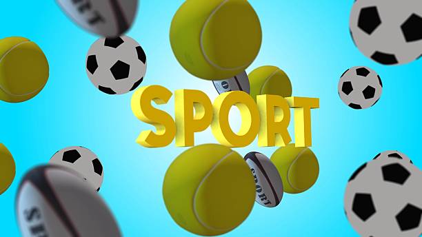This energetic image captures the essence of sports with various balls in mid-air and the bold 3D word 'SPORT' in vibrant yellow, all against a clear blue sky backdrop. 3D Render