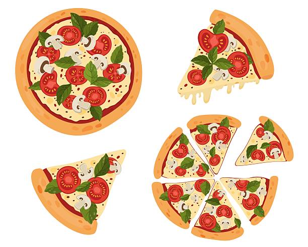 Pizza illustration set with whole pizza and slices Flat vector illustration set featuring a whole pizza, individual pizza slices and slices arranged in a circle, with tomatoes, mushrooms, basil leaves and melted cheese. Versatile food illustration collection suitable for restaurant menus, pizzeria branding, food delivery apps, packaging design, posters, flyers, social media content, websites and culinary projects pizza stock illustrations