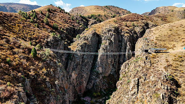 Chunkurchak, Kyrgyzstan December 16, 2025: Iconic Nebesnyy Most Sky Bridge suspended over stunning mountains, offering panoramic views, adventure, and breathtaking landscapes.