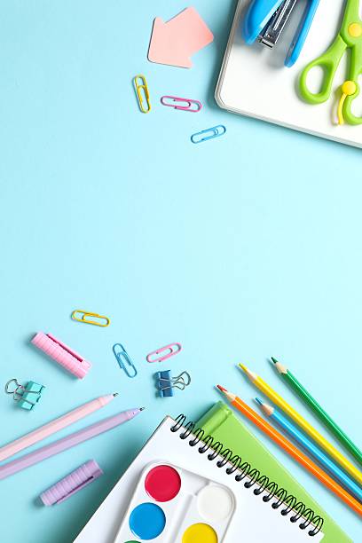 istock Flat lay with school stationery on color background, top view 2253414329