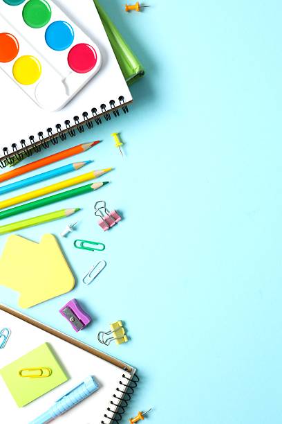 istock Flat lay with school stationery on color background, top view 2253414347