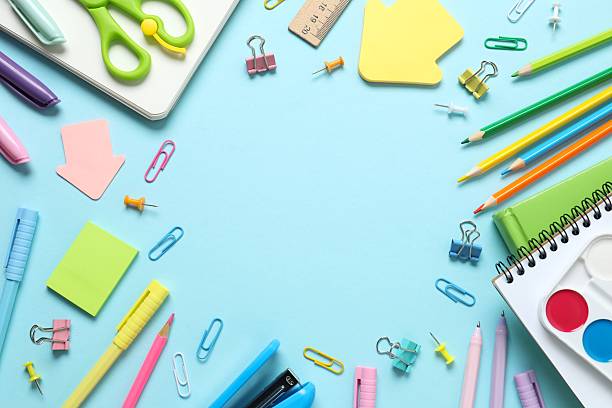istock Flat lay with school stationery on color background, top view 2253414348