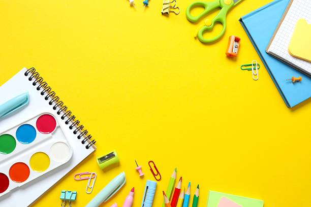 istock Flat lay with school stationery on color background, top view 2253414351