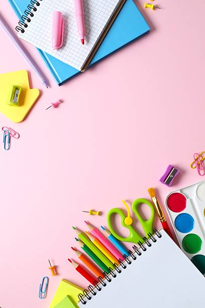 istock Flat lay with school stationery on color background, top view 2253414354