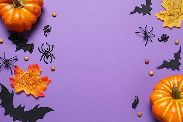 istock Halloween holiday decorations including pumpkins, spiders, bats on color background 2253414598