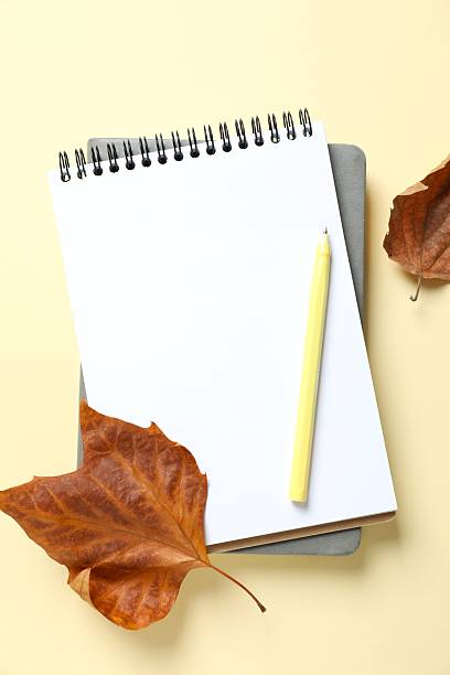 istock Autumn leaves with notebook on color background 2253415621